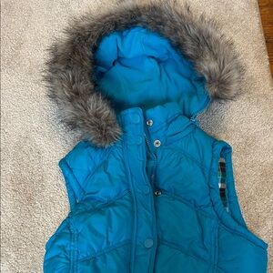 Aeropostale Teal Quilted Hooded Puffer Vest with Faux Fur Trim